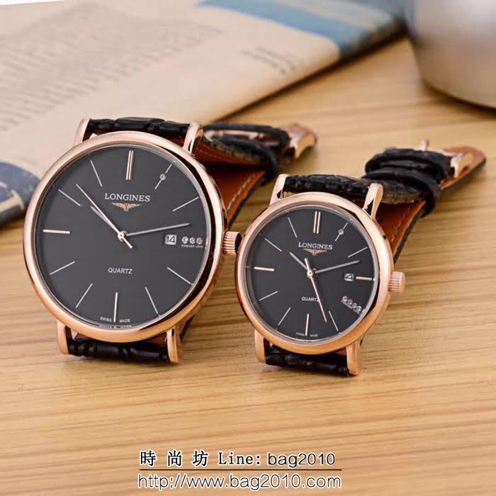 LONGINES浪琴 牛皮錶帶石英情侶對表  WSS1859